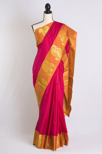 Blended Silk Kanjivaram Saree in Hot Pink & Orange | Bengal Looms