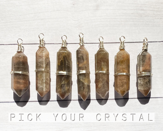 Peach Black Moonstone Silver Crystal Point Necklace, Wire Wrapped Jewelry, Pick Your
