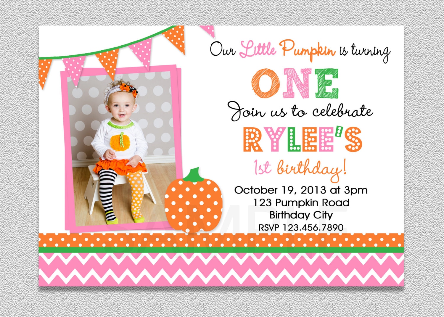 Pink & Orange Pumpkin Birthday Invitation , 1st Party Invitation