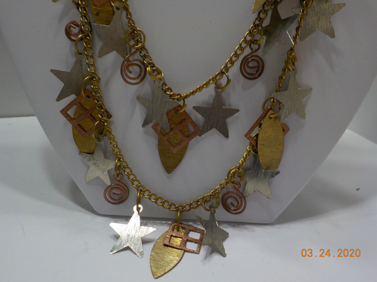 Vintage Gold, Silver, & Copper Tones Double Strand Necklace | 9118 Stars, Curly Q's, Etal