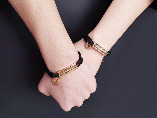 Black Couple Bracelet-Custom Name/Date/Number/Text Engraved Bracelet-Leather Bracelet For Women&men-Personalized Couple/Lovers' Gifts