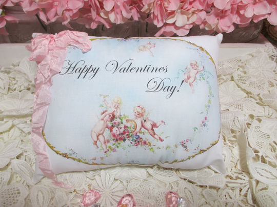 Valentine Cherub Pillow Soft Blue Background With 5 Floating Cherubs Pink Roses Pillow, Sweet