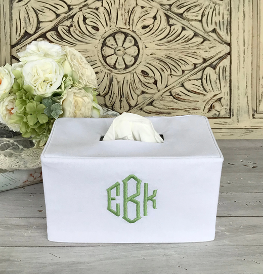 Diamond Monogram White Linen/Cotton Blend Reversible Tissue Box Cover