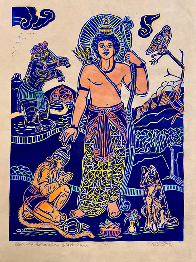Ram & Hanuman With Jambhavan - Hand Painted, Hanuman, Jambhavan, Everyday Gods, Blm, African American Ram, Buddhist Art