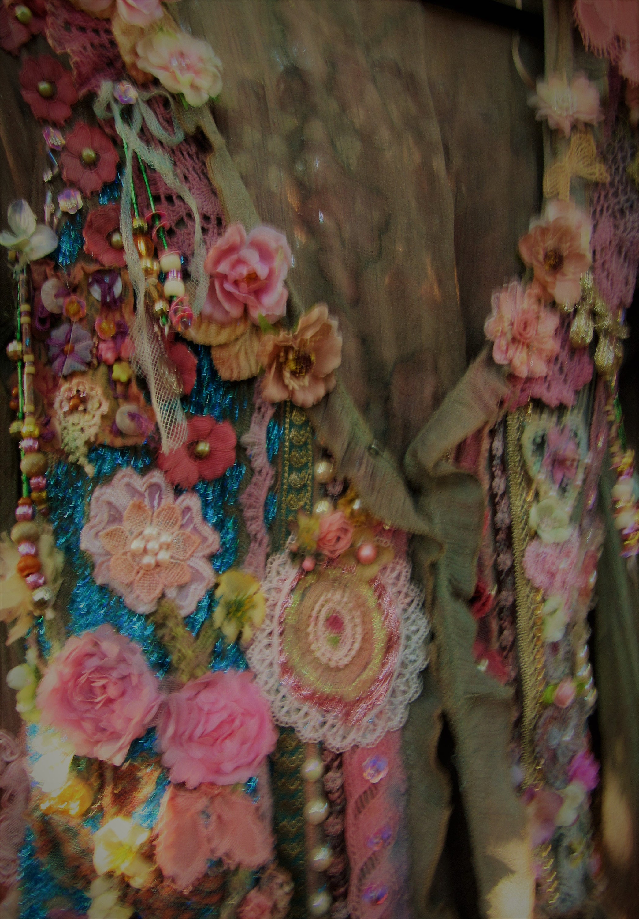 Cotton Blend Embellished Classy Decorative Hand Made Wearable Art One Of A Kind Outer Wear Mid Length Jacket Sz Lg Feminine Unique Pretty