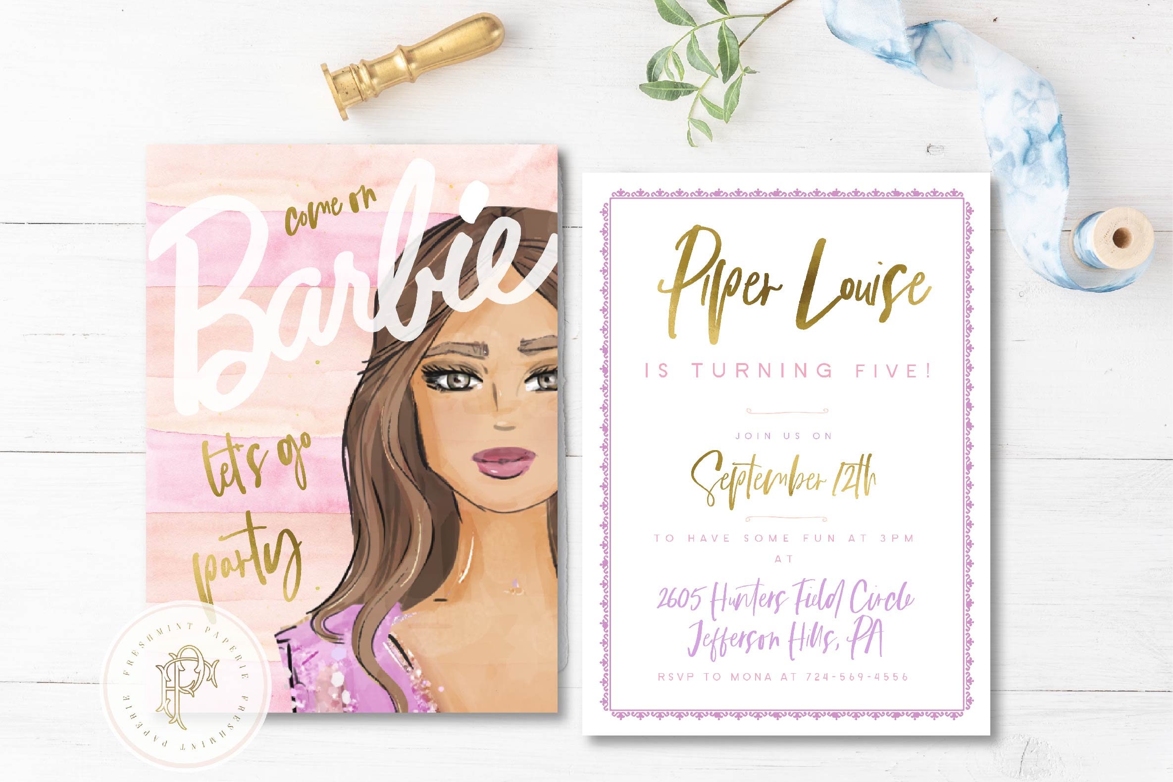 Barbie Invitation - Birthday Invitation Party Brunette Doll Invite