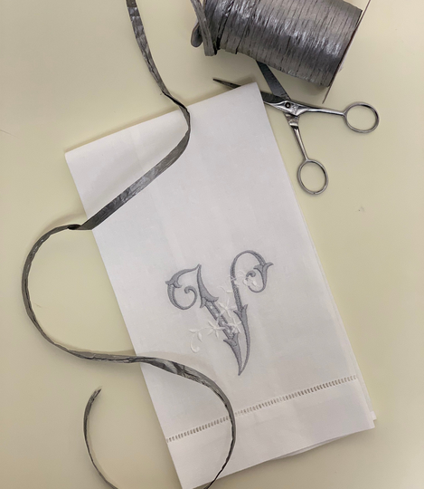 Linen Blend Hand Towel/Embroidered Monogrammed Personalized With Single Letter in Two Color Monogram