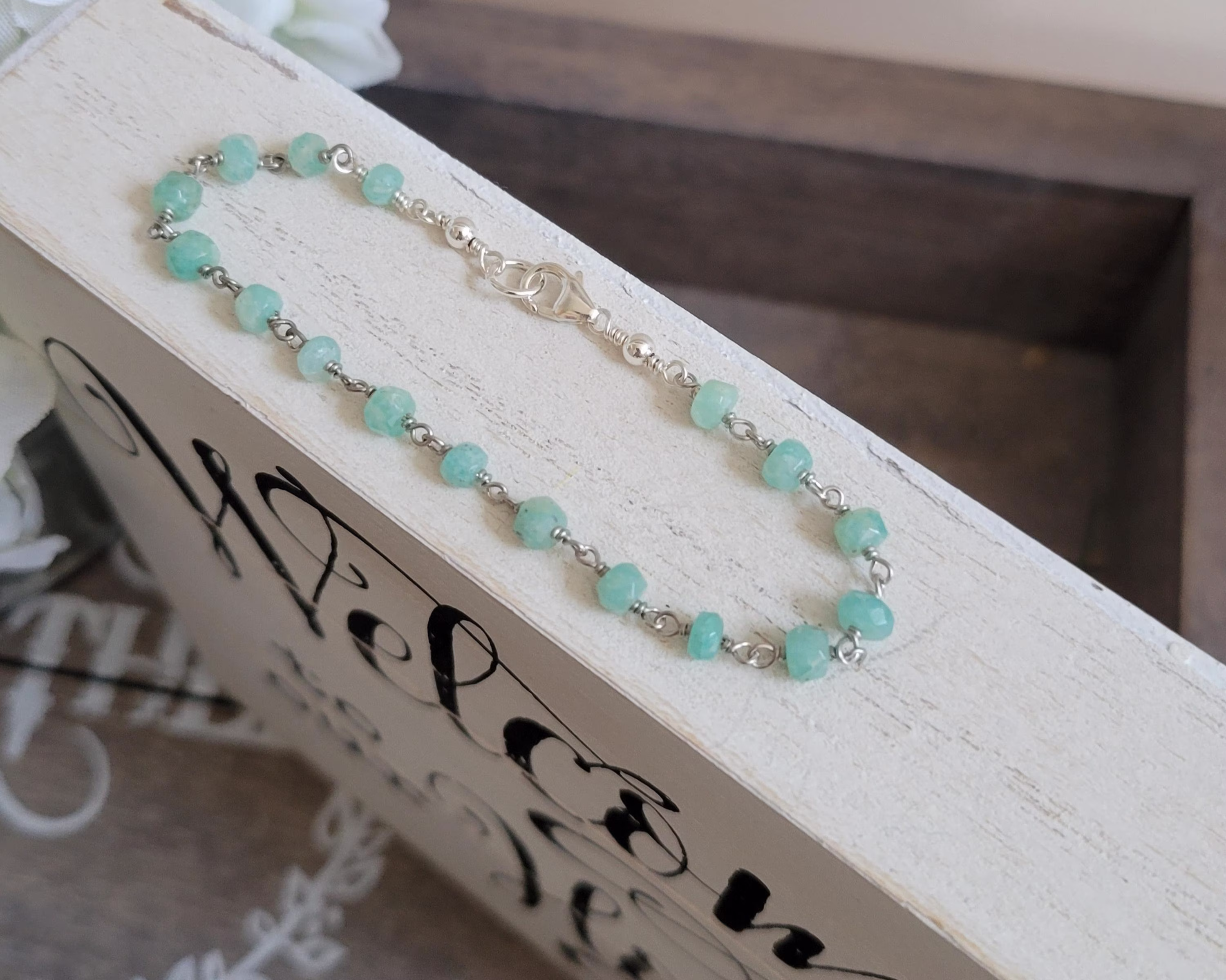 Dainty Amazonite Bracelet, Boho Beaded Layering Rosary Chain Gift For Her, Thin Gemstone Bracelet