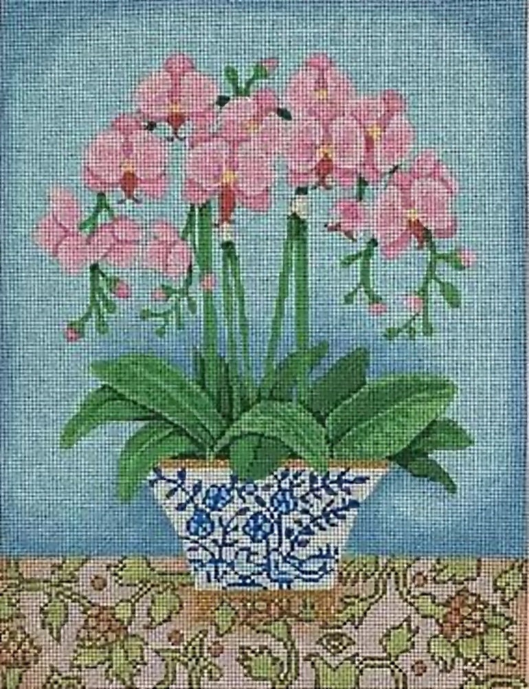 Needlepoint Handpainted Brenda Stofft Pink Orchids Blue Planter 10x13-Free Us Shipping
