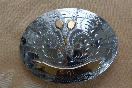 Lovely Vintage Silver Tone, Gold Tone Etched Belt Buckle, Oval | A8