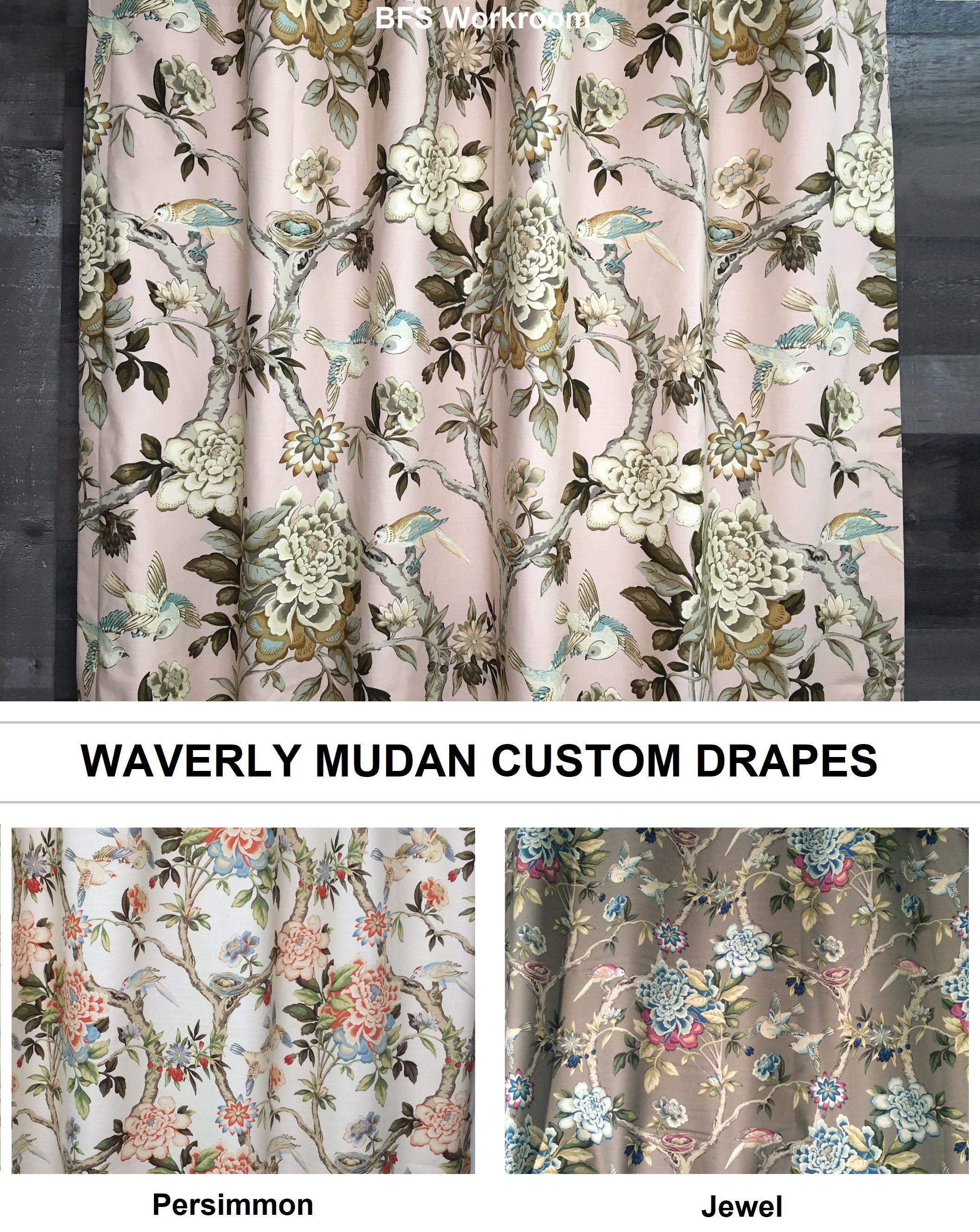 Waverly Mudan Bird Custom Curtains/Drapes -48 Wide Drapery Panel -Blush Pink Persimmon Jewel-Flat-Rod Pocket-Grommet-Fast Shipping