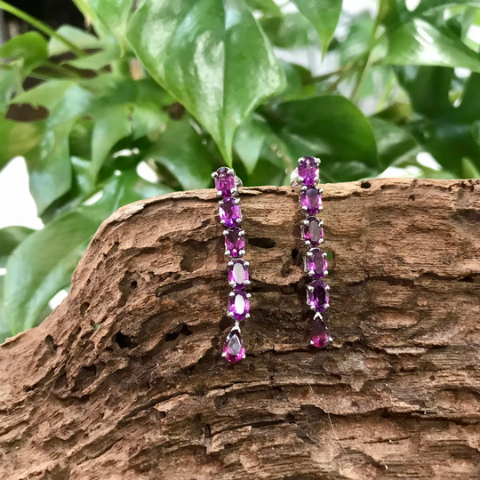 Handmade Sterling Silver Rhodolite Garnet Long Earrings