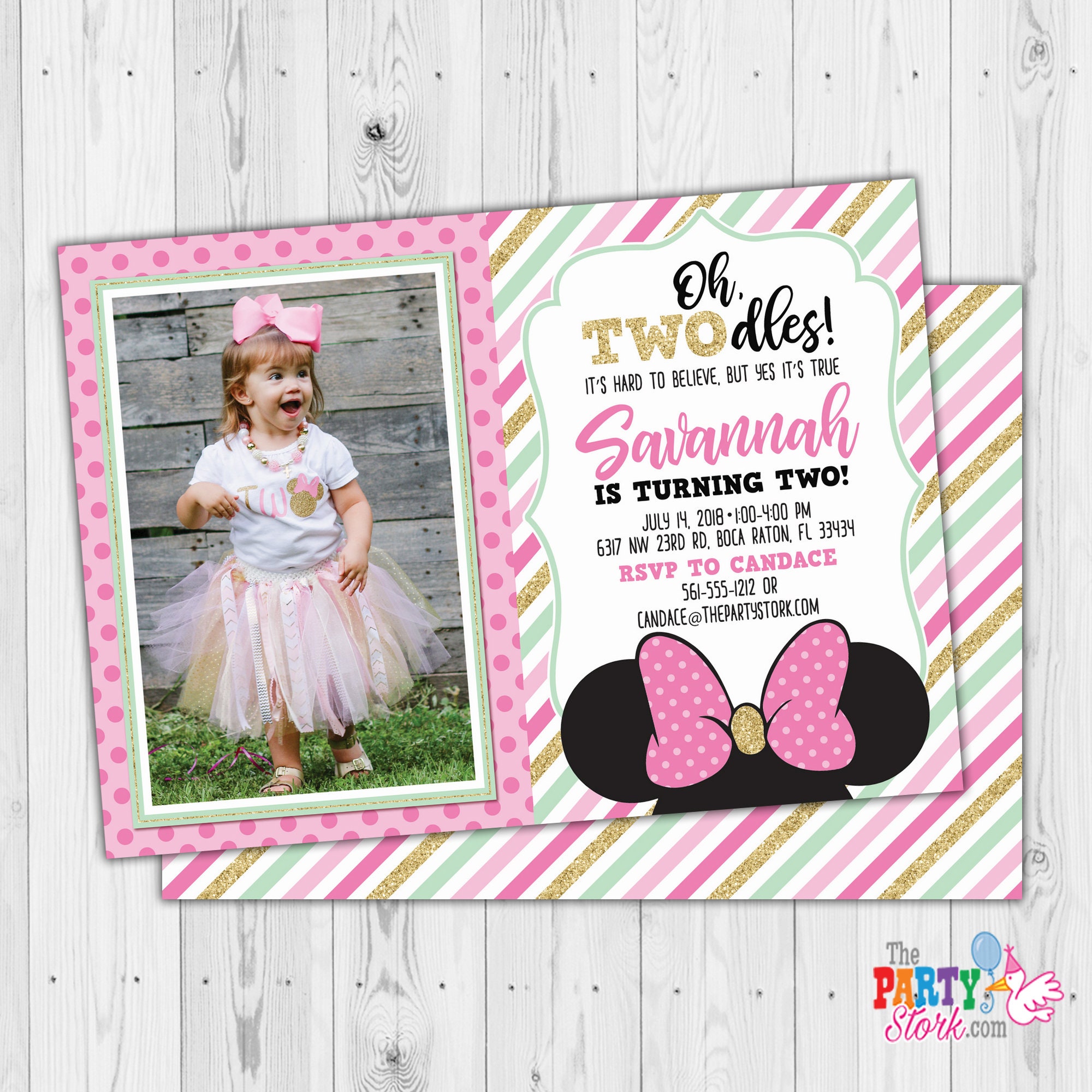 Minnie Mouse Invitation, Oh Twodles Pink & Gold 1st 2nd Birthday Invitations, Girls First Second Invite