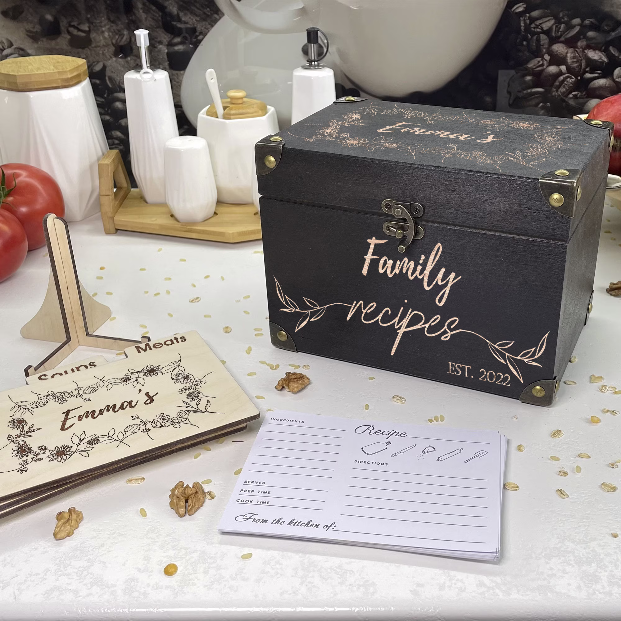 Recipe Card Box With Dividers & Cards Сustom Engraved Recipe Box Custom Gift For Mom Vintage Gift Idea Family Сhef