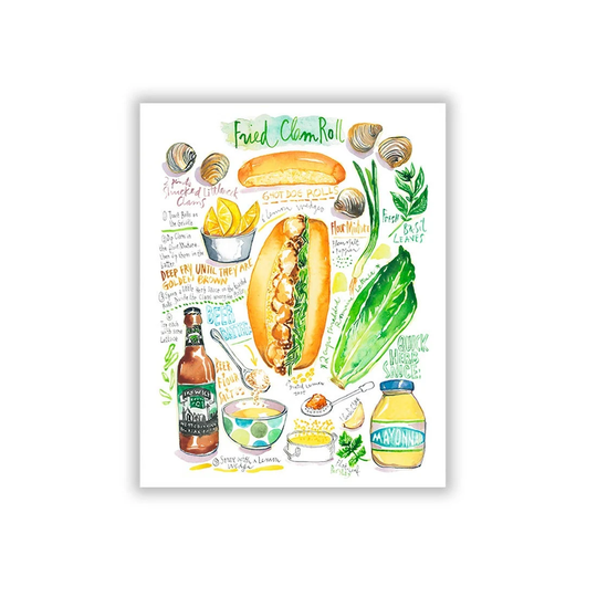 Fried Clam Sandwich Recipe Print, Watercolor Painting, New England Roll Poster, Ipswich Seafood, Connecticut Cooking Artwork, Kitchen Art