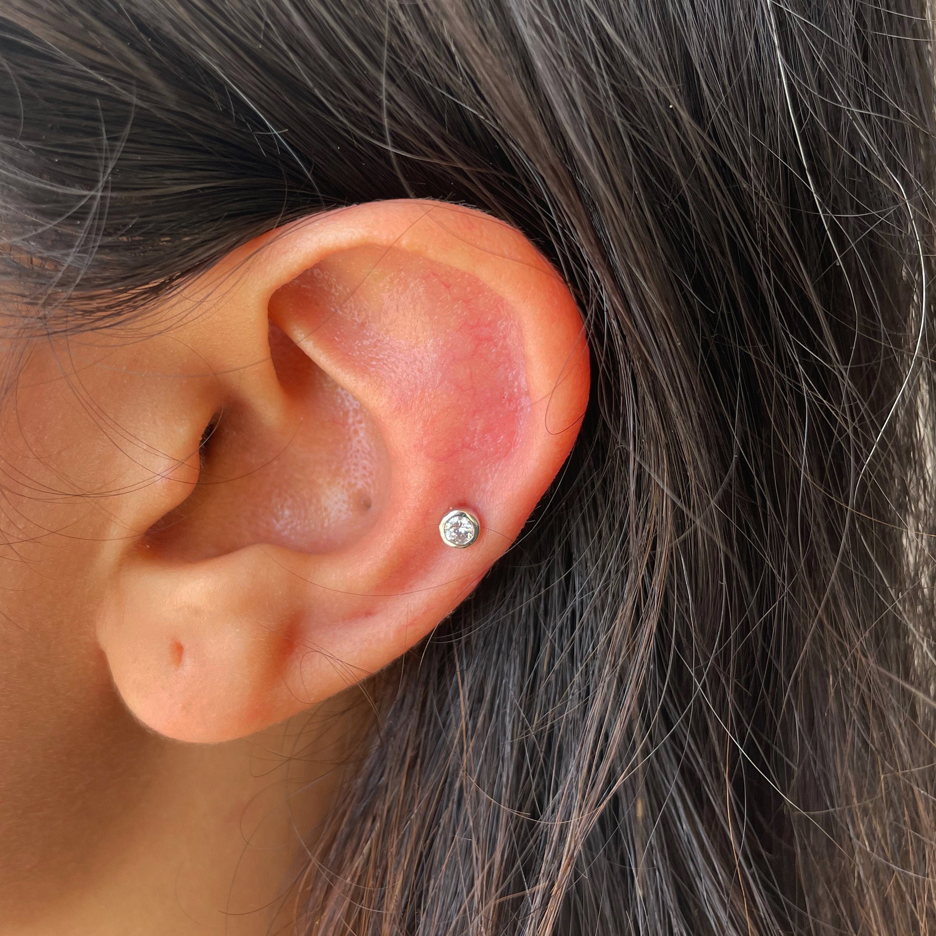 Round Diamond Studs, Bezel Set Earrings, Cartilage Stud Conch Helix, Tragus, Daith, Body Jewelry