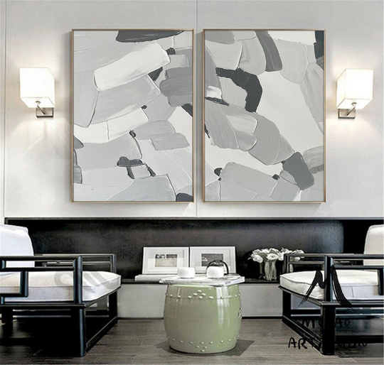 Gray White Abstract Painting 3D Textured Set Of 2 Minimalist Large Canvas Wall Art