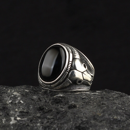925 Sterling Silver Onyx Gemstone Bull Skull Ring, Handmade Men Ring