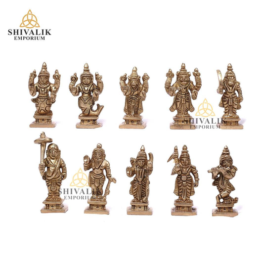 Vishnu Dashavatar Brass Set, Brass Handmade Set Of Ten Incarnations Lord Vishnu, Home Decor Idols, Hindu God Statue, 6cms & 15cms Sets