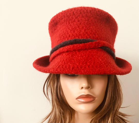 Red Felted Top Hat, Rolled Brim Women's 22.5" Up To 23" Hat Ready Ship