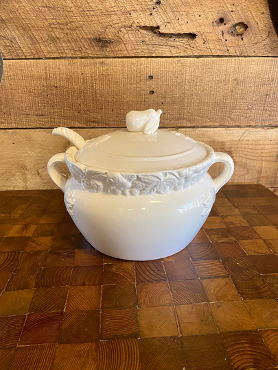 Vintage Autumn Farmhouse Tureen, Pear Soup White Ceramic Handled Tureen