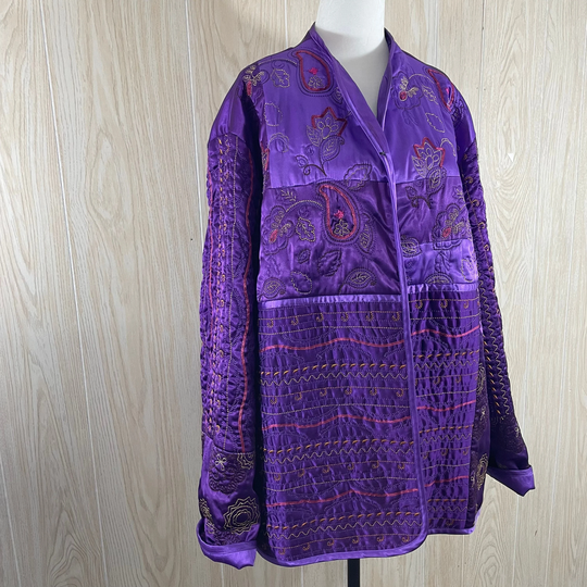 Embroidered Quilted Satin Jacket, 3x, Royal Purple, Diane Gilman, Gold Thread Paisley Floral Designs, Hook Front Closure, Lined