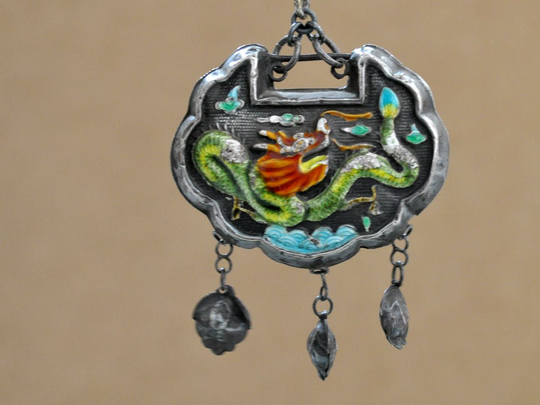 925 Sterling Silver Chinese Export Enameled Dragon Lock, Blue Turquoise & Coral Carved Bead Pendant, 1900S Antique Pendant