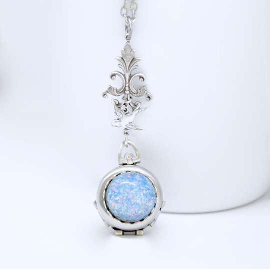 Blue Opal 4 Photo Locket Necklace, Picture Locket, Bird Multi Family Flying Bird, Jewelry