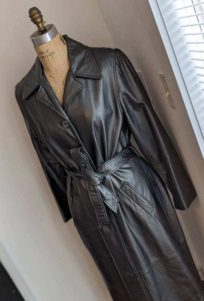 Full Gunmetal Jacket Vintage 90S Tibor Metallic Leather Belted Trench Maxi Coat