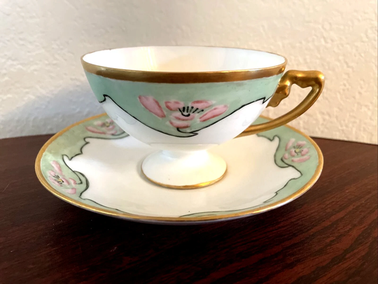 Antique Bavaria Footed Tea Cup & Saucer Hand Painted Art Deco Floral W Gold