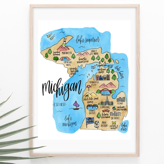 Michigan Illustrated Watercolor State Map Print+ Free Shipping, Watercolor, Map, Map