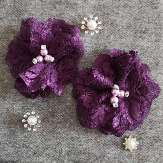 2 Lace Flowers Rose Fabric Flower With Rhinestone Pearl | 3 Inches Plum My-860-02 Ready To Ship