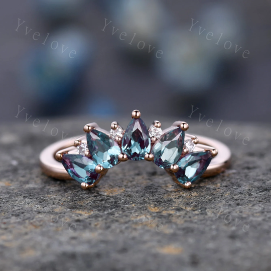 Alexandrite Wedding Band, Statement Ring, Curved Unique Stacking Diamond Matching Band, Women Jewelry