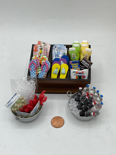Miniature Beach Shop #1~Mini Must Haves For The Beach~Mini Flip Flops~Mini Magazines~Mini Lotion~Mini Iced Drinks~Mini S'mores~Mini Seafood
