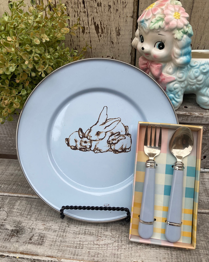 Enamelware Dish-Toddler Utensils-Blue Bunny Motif-Gift For Toddler-Baby Shower Gift-Keepsake Gift-Vintage Motif