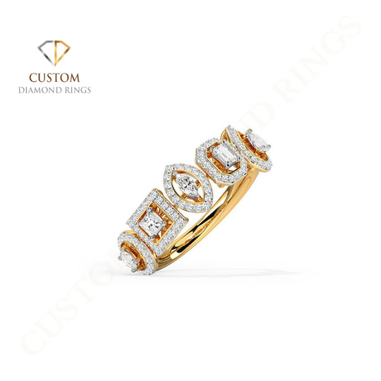 Multi-Shape Diamond Wedding Band, 14K Yellow Gold Stacking Multi Eternity Cluster Anniversary Gift