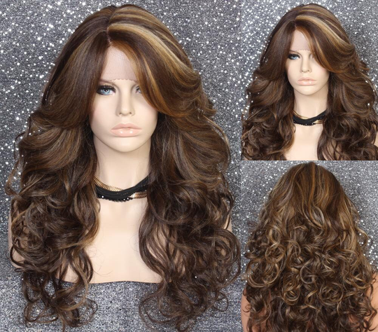 Caramel Brown Mix Human Hair Blend Lace Front Wig Full Long Curly With Bangs Heat Safe Cancer Alopecia Theater