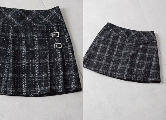 Y2K Black Gray Check Wool Blend Pleated Womens Mini Skirt Waist Size 27 in 70 cm S