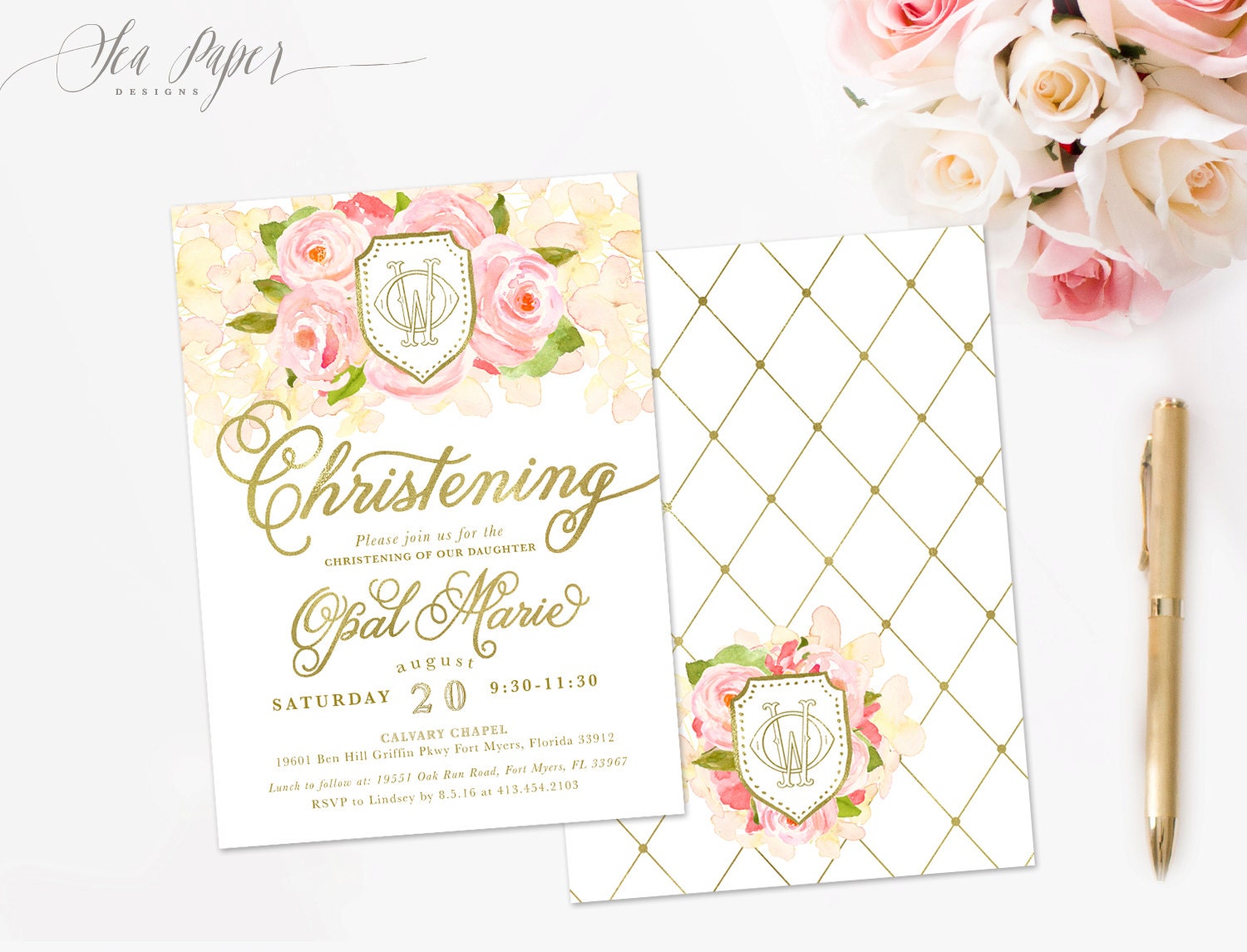 Opal Girl Christening Invitation Garden Pink Roses, White Peach Hydrangeas, Gold Monogram Crest Invite, Baby Or Child, Digital Printed