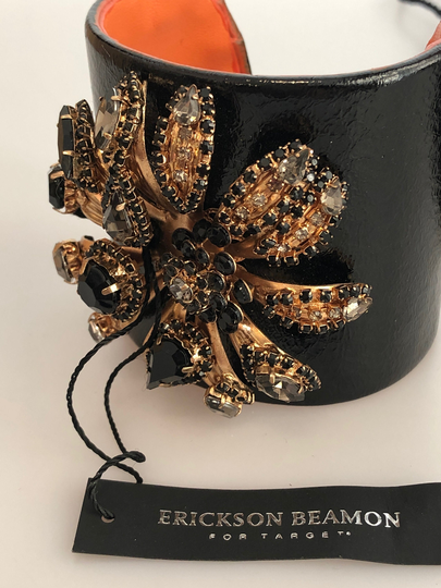 Huge Black Rhinestone & Leather Cuff Bracelet Erickson Beamon Never Worn W/Tag & Original Pouch Jeweled Cuff