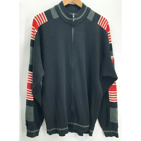 Vintage Guess Men's Sweater Wool Blend Full Zip Stripe Sleeve Logo Patch Large