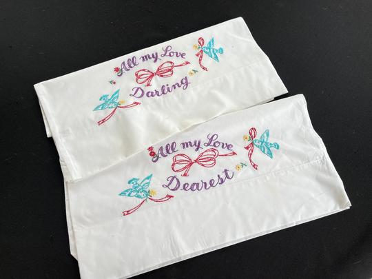 Pair Of Vintage White Poly Cotton Blend Pillowcases With Hand Embroidery Birds, Ribbons, Flowers, All My Love Dearest Lady Margaret Percale