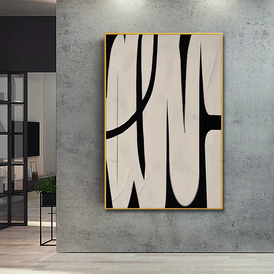 Large Black White Wall Art Custom Canvas Abstract Painting Wabi-Sabi On Modern Contemporary