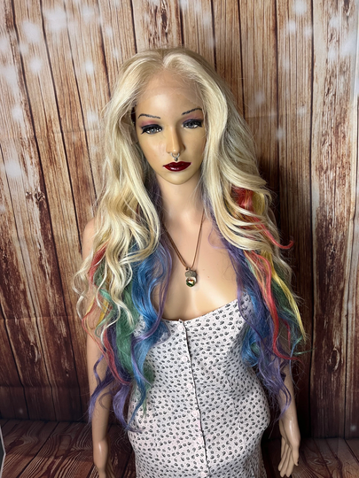 Blond 613, Rainbow Peekaboo Human Hair Blend Front Lace Daily Wig 13x6 Parting