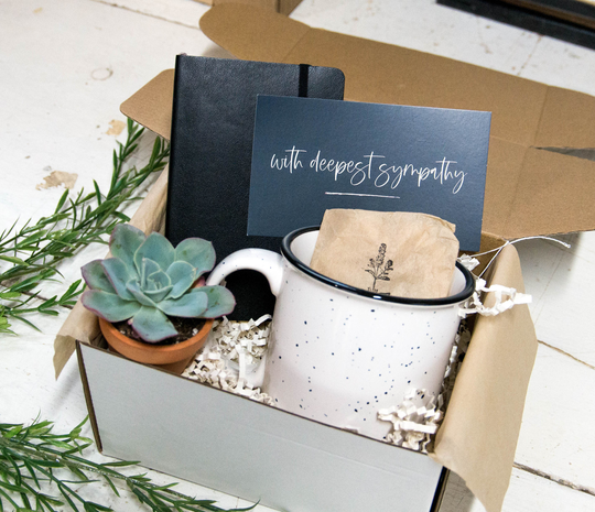With Deepest Sympathy Gift Box With Leather Journal & Campfire Mug | Succulent Comfort Lost Loved One Grief