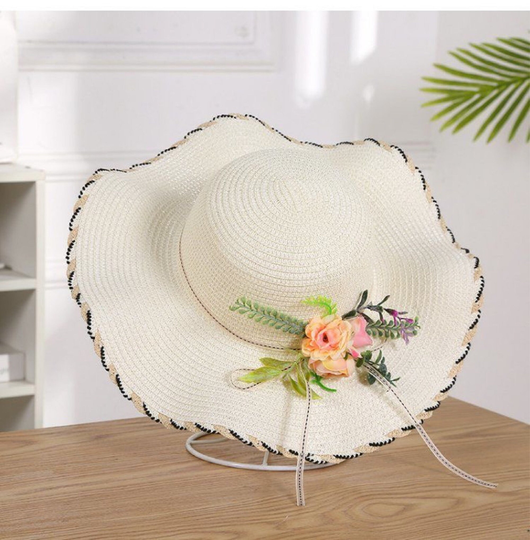 Summer Hat Parent-Child Straw Hats With Bow Ladies Flower Wave Travel Sun Outdoor Wide Brim Women Fashion Beach Uv Protection
