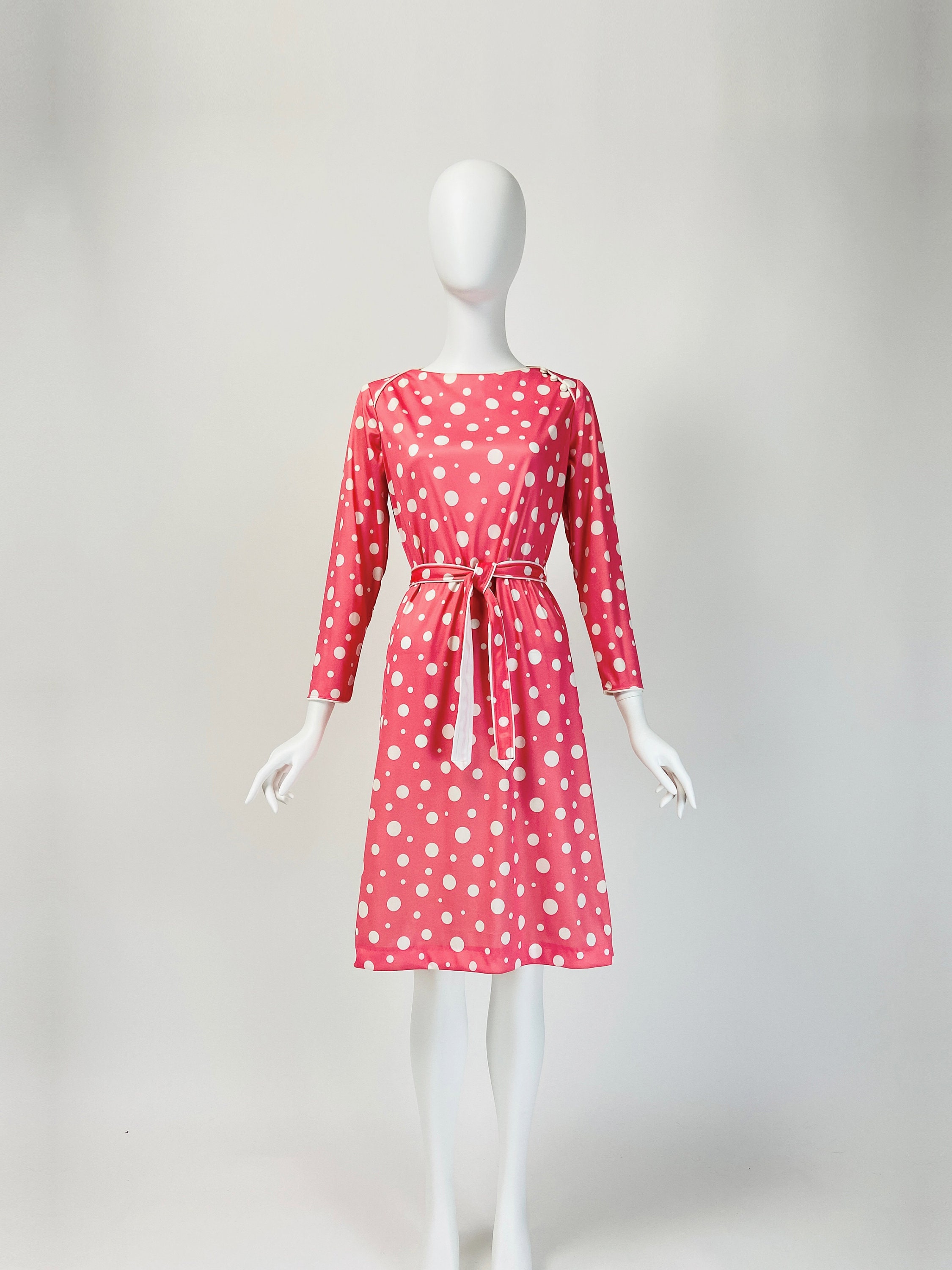 Vintage 80S Secretary Dress, Polka Dot Coral Long Sleeve Chinoiserie Small Medium, Size 6 8 Us, 10 12 Uk, B346