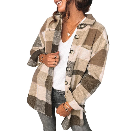 Women Plaid Wool Blend Long Sleeve Shirt Jacket Shackets - Brown, S