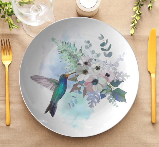 Hummingbird Dinner Plate | Blue Floral Spring Plates| Hummingbird Decorative Set| Dinnerware| Flora