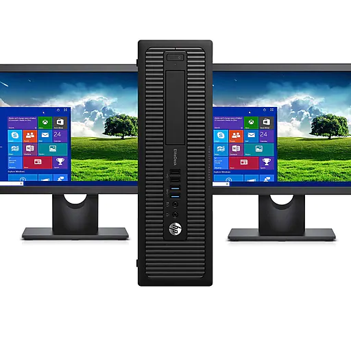 HP 800G1 Refurbished Desktop Computer with Dual 19" Monitors, Intel Core i5, 16GB Memory, 240GB SSD, Windows 10 Pro